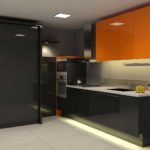 Natural Black Kitchen Design With Orange Cabinet Accent